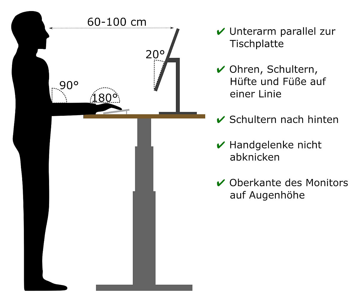 Mann steht mit korrekter Haltung am höhenverstellbaren Schreibtisch